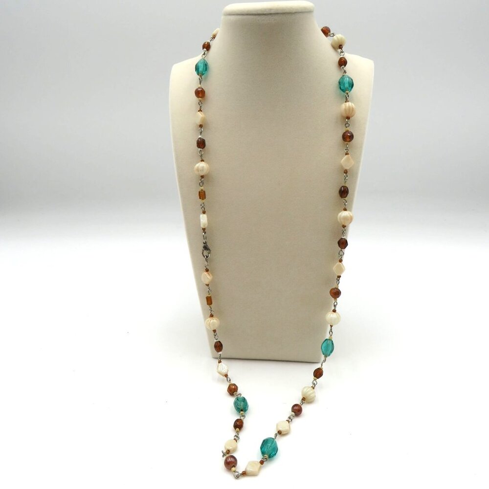 Vintage Beaded Necklace 27" Blue Cream Brown Faceted Shell Glass Resin Beads